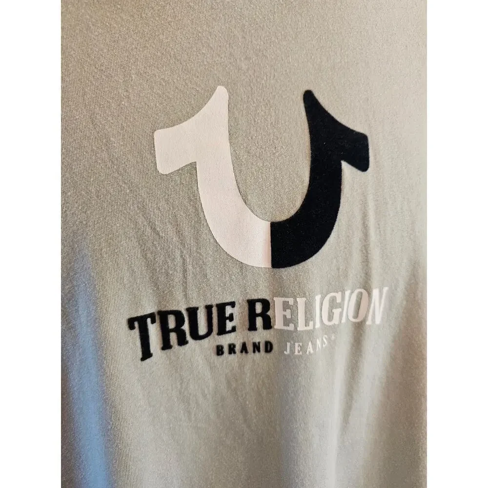 True religion size L large men's mixed media spell out velvet casual t shirt